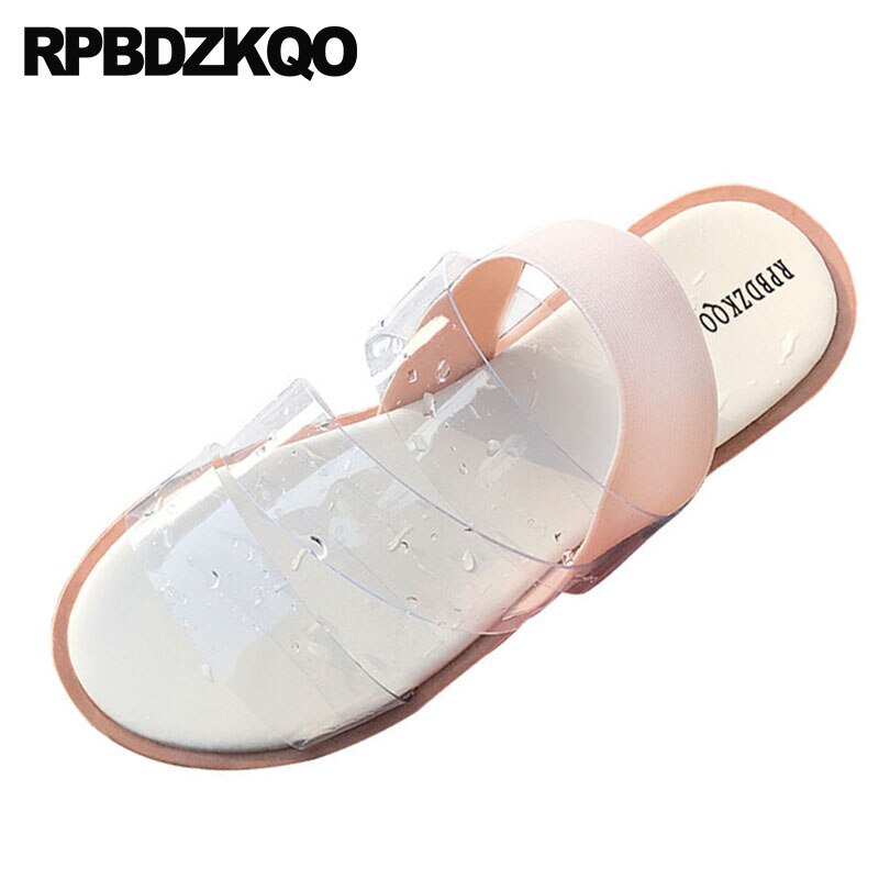 Zapatos de playa de plástico de vacaciones sandalias de las mujeres planas casual slip on pvc transparente punta abierta slingback claro cómoda