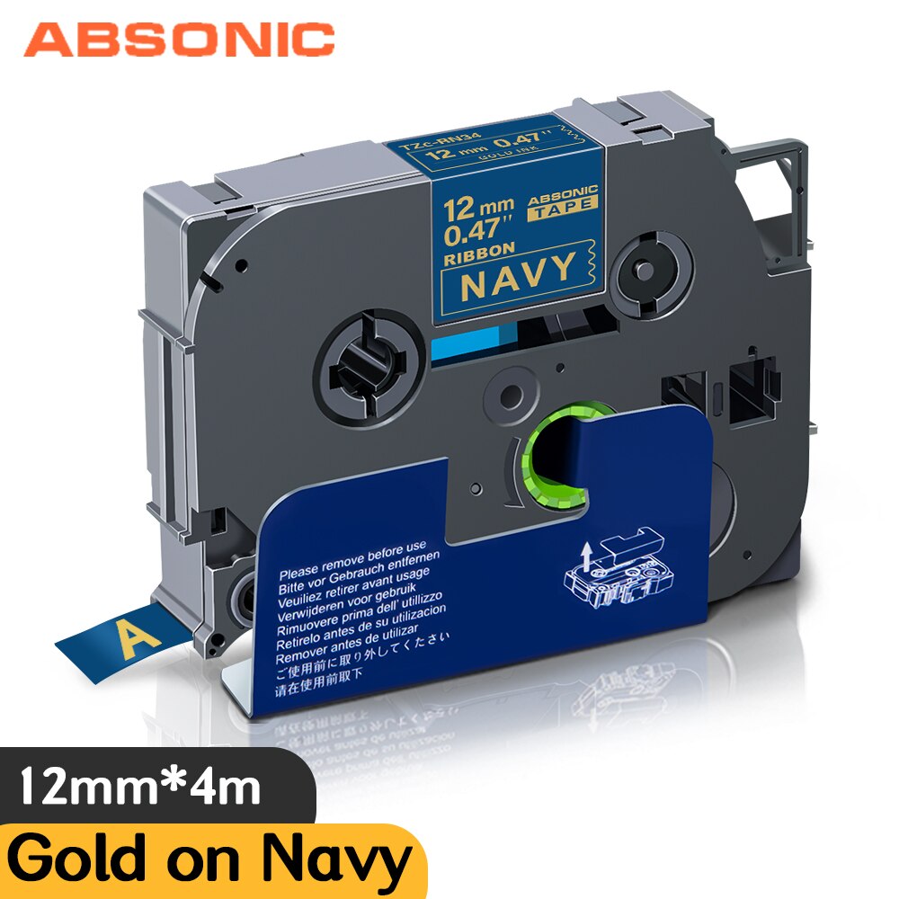 Laminated Label TZe 231 Black on White for Brother TZe Labeling TZe-RN34 Gold on Navy Satin Ribbon Tape for -P-touch LabelMaker: Gold on Navy