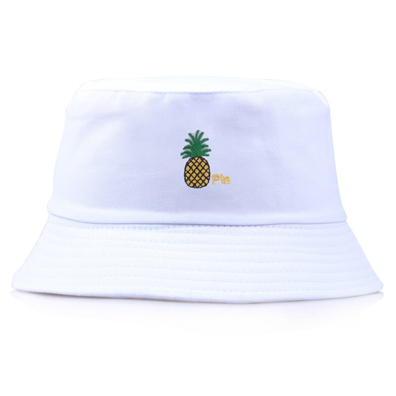 Ananas broderi spand hatte til kvinder mænd panama spand hat harajuku fiskeri fisker hat hip hop cap gorro de pescador: Hvid