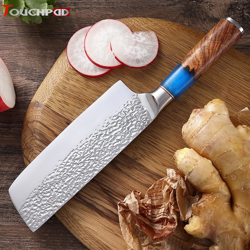 Traditional Handmade Forged Kitchen Knife Hammer Stainless Steel Chef's Chopper Cooking Knives Meat Slicer Butcher &amp; Case: Blue