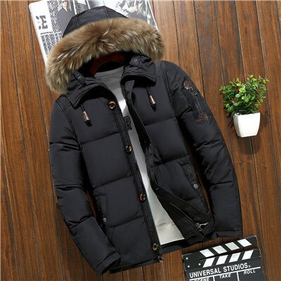 -20 graders vinterjakke herre hvite andedun parkas menn tykk varm snø parka jakke overtrekk vindjakke hette varme parkas: Svart / Xxxl