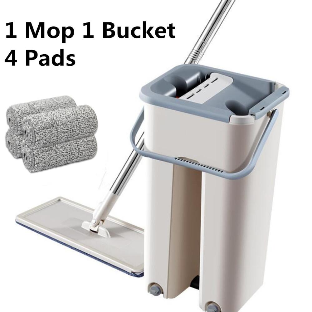 Flat Squeeze Mop and Bucket Hand Free Wringing Floor Cleaning Mop Microfiber Mop Pads Wet or Dry Usage on Hardwood Laminate Tile: 1 Mop 4 Pads