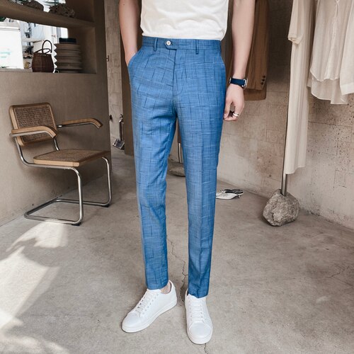 Jakkesæt til herre bukser størrelse sml xl xxl xxxl lyseblå slim fit herre business casual plaid bukser: Asiatisk størrelse xxxl