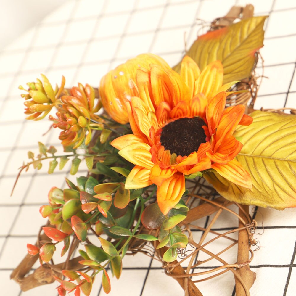 Artificial Flower Fall Wreath Thanksgiving Fall Harvest Garland Ornament with Pumpkins Maple Leaf Home Wall Door Hanging Decor