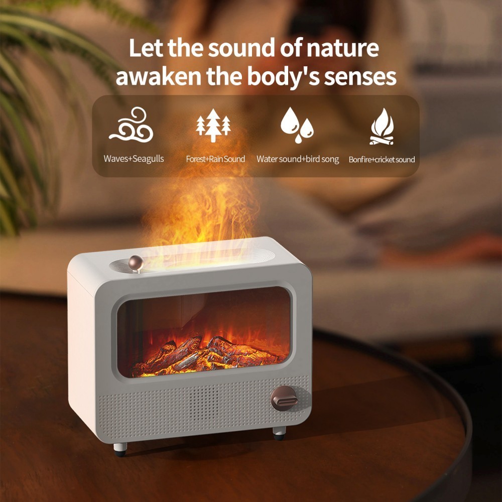 Humidificador de aire con llama de ruido blanco, chimenea Retro, Bluetooth, reproducción de música, aceite esencial, difusor de aromaterapia, iluminación colorida