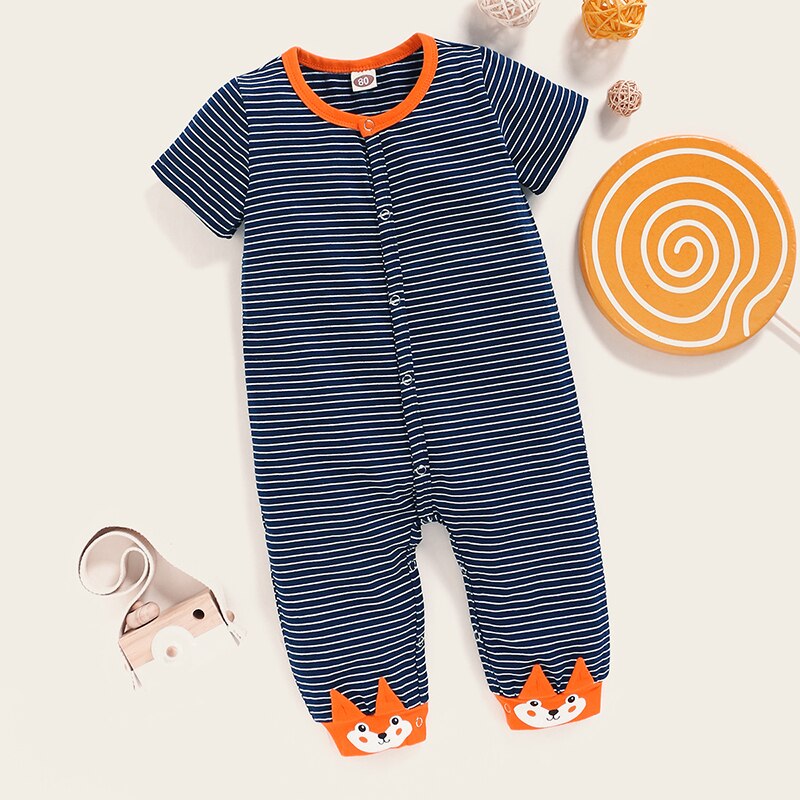 Letnia dziewczynka ubrania dziewczynka/chłopiec 0-24 miesięcy pajacyk dziecięcy z krótkim rękawem ciemny niebieski pasek kombinezon kreskówka wzór w lisa ubrania: 92(18-24M)