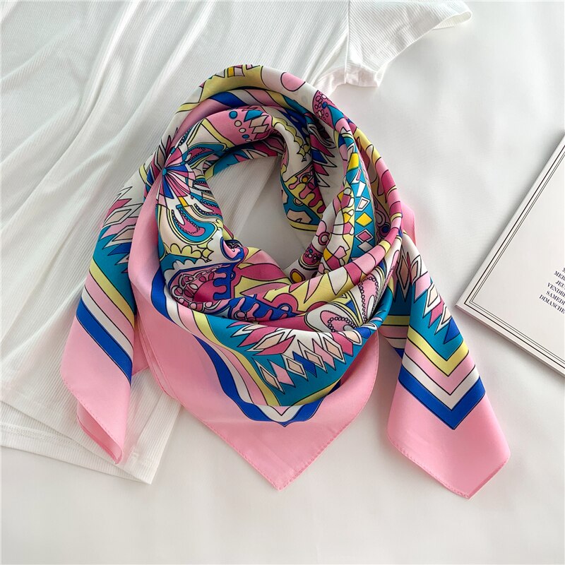 Sommer stort silkeskjerf firkantet damehals foulard sjal og sjal til kvinner bandana luksusmerke trykk hodetørkle: Xw -4- rosa
