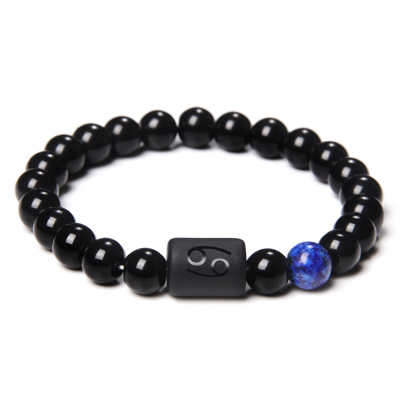12 Constellation Zodiac Signs Beads Couples Bracelet Natural Black Onyx Stone Elastic Charm Bracelet for Women Men Birthday: Light Yellow Gold Color