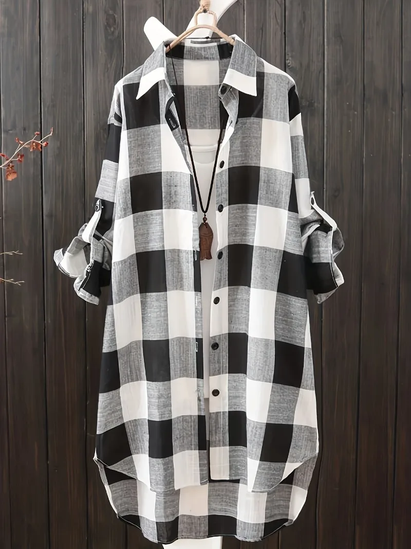 Chemisier décontracté à manches longues pour femme, chemise longue, col à revers, imprimé à carreaux, boutonné, grande taille, 1XL-5XL: 2XL