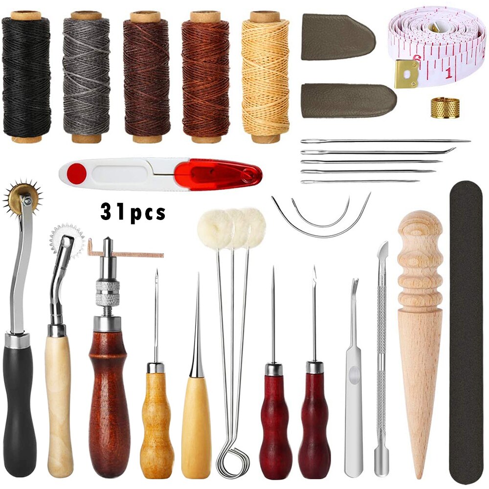 Professionelle Leder Handwerk Werkzeuge mit Groover Ahle Gewachste Gewinde Fingerhut Kit Hand Nähen Stitching Schlag Hand Nähen Liefert: A