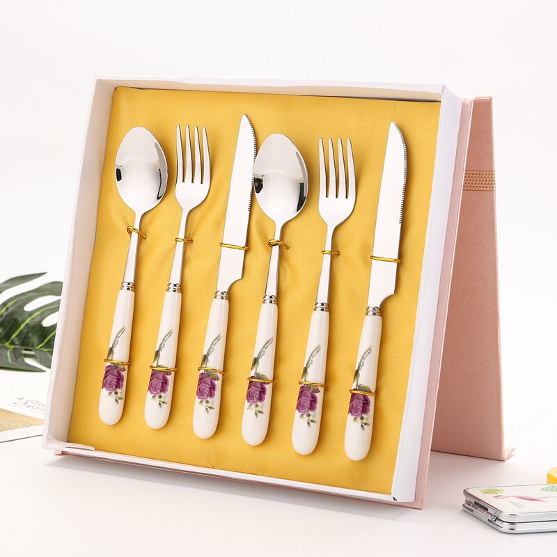 Tableware set Stainless steel Ceramic Steak Knife and Fork full set of Cutlery Spoon 6-pieces