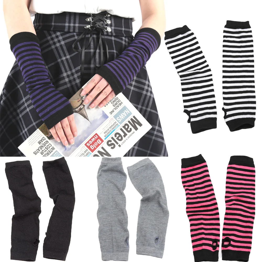 Vrouwen Winter Warme Lange Mouwen Handschoenen Vingerloze Streep Hiphop Gebreide Elleboog Wanten Elastische Outdoor Warmer Arm Halloween