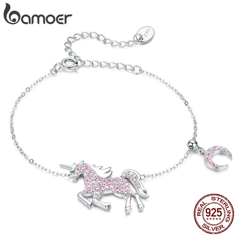 bamoer 925 Sterling Silver Jewelry Sets Pink Licorne Pendant Necklace for Women Chain Necklaces Earrings Wedding Jewelry ZHS187