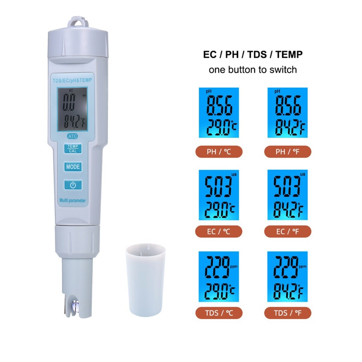 4 in 1 Water Tester pH/EC/Temperature Meter IP55 Waterproof Automatic ...