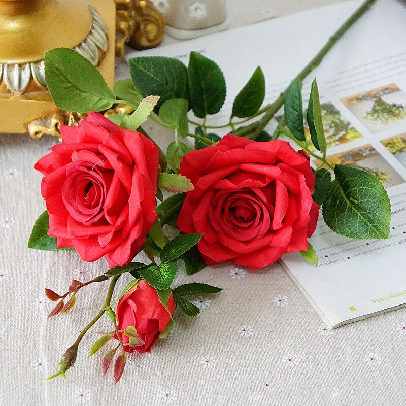 Luxe Grote Rose Tak Met Leaf Kunstzijde Bloemen Wedding Home Woonkamer Decoratie Flores Artificiales: red
