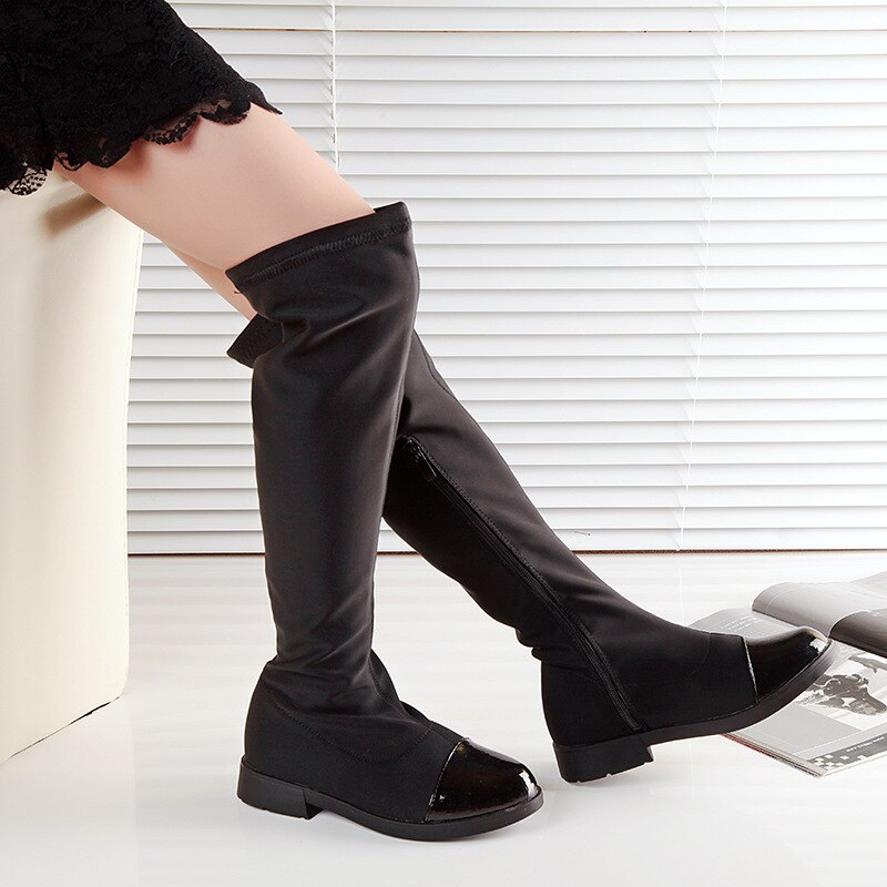Herfst Meisjes Knie-Hoge Laarzen Mode Winter Schoenen Over De Knie Casual Kids Laarzen Zwarte Kinderen Schoenen Pu + doek Meisjes Laarzen
