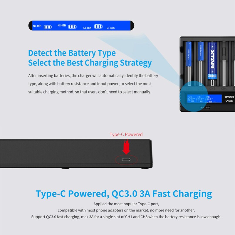 XTAR Batery Charger VC8 VC4 VC4S USB Charger Charging AAA AA Rechargeable Li-ion Batteries 10400-26650 20700 21700 18650 Charger