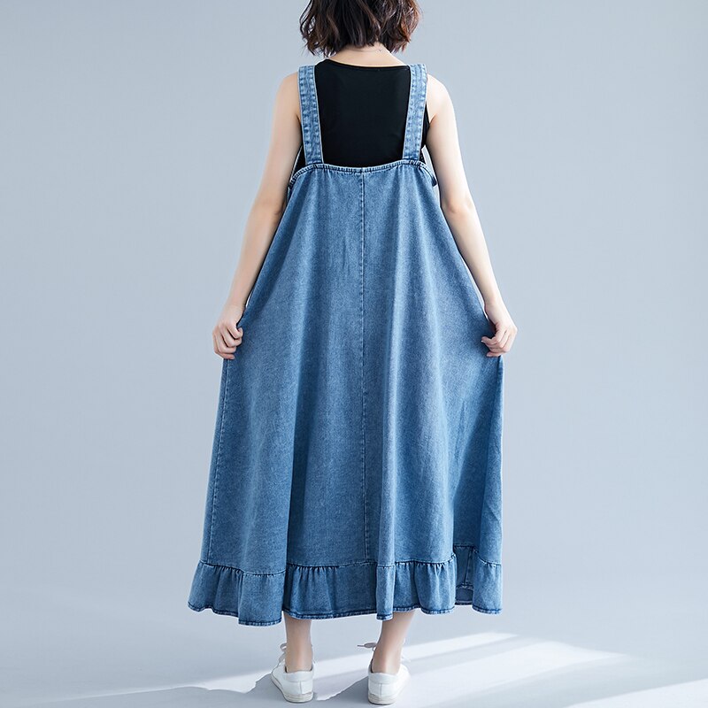 Superaen Koreaanse Lange Denim Jurken Voor Vrouwen Dames Ruches Casual Mouwloze Zomer Blauwe Lange Maxi Jurk