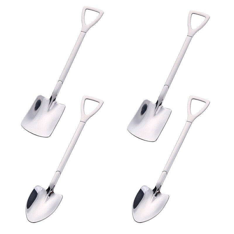 4 Stuks Koffie Lepel Bestek Set Rvs Retro Ijzeren Schop Ijs Lepel Scoop Dessertlepel Thee-Lepel mode Servies: 4Pcs Silver  (2A 2B)