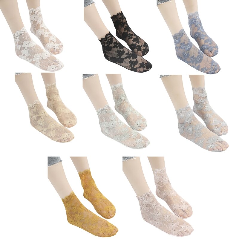 L93F 1 Pair Women's Floral Lace Fishnet Ankle Socks Cotton Stretch Hollow Out Dress Sock for Women Girls Short Stockings