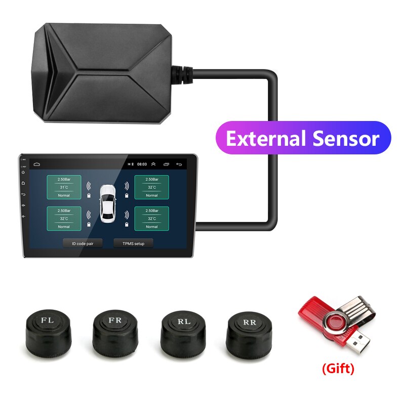 USB Android TPMS Tire Pressure Monitoring System Display Alarm System 5V Internal Sensors for Cars Navigatio Car Radio 4 Sensors: with External sensor