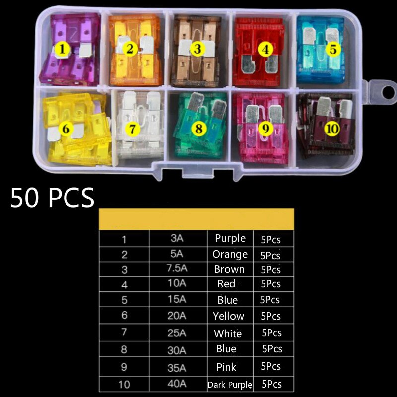 50/100Stck Auto Sicherungen 2A 3A 5A 7,5 EINE 10A 15A 20A 25A 30A 35A 40A Ampere mit Kasten Clip Sortiment Auto Klinge Typ Sicherung einstellen Lkw: dunkel Grau