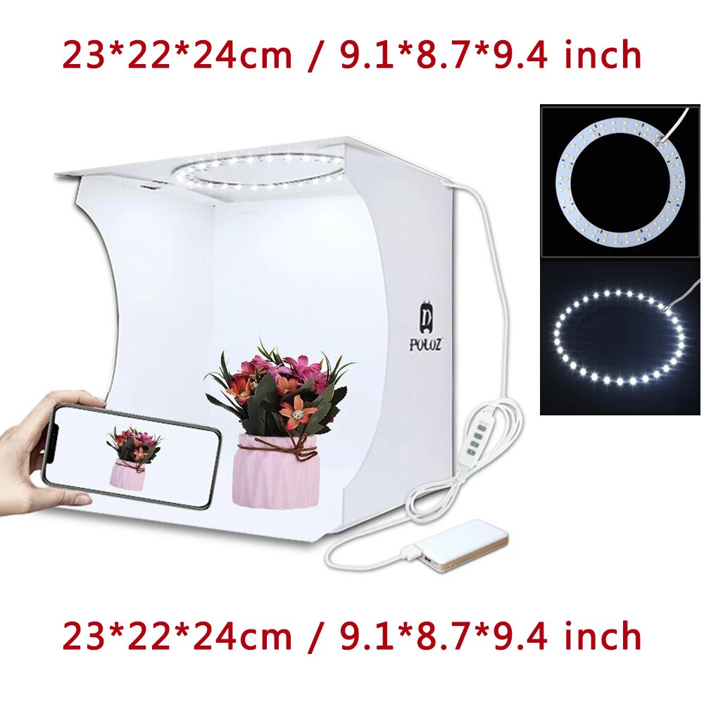 PULUZ Folding Photo Studio Box Portable Lightbox Photography Tabletop Shooting Softbox Studio Shooting Tent Box Kit Light Box: 23x22 Ring LightBox