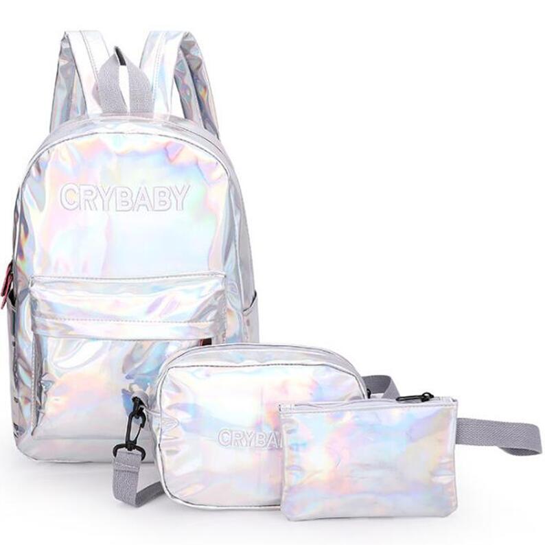 holographische Rucksack Frauen Crybaby Rucksack Set Schule Tasche Schulter Composite Tasche Kupplung Messenger Crossbody Schul: Set Silver