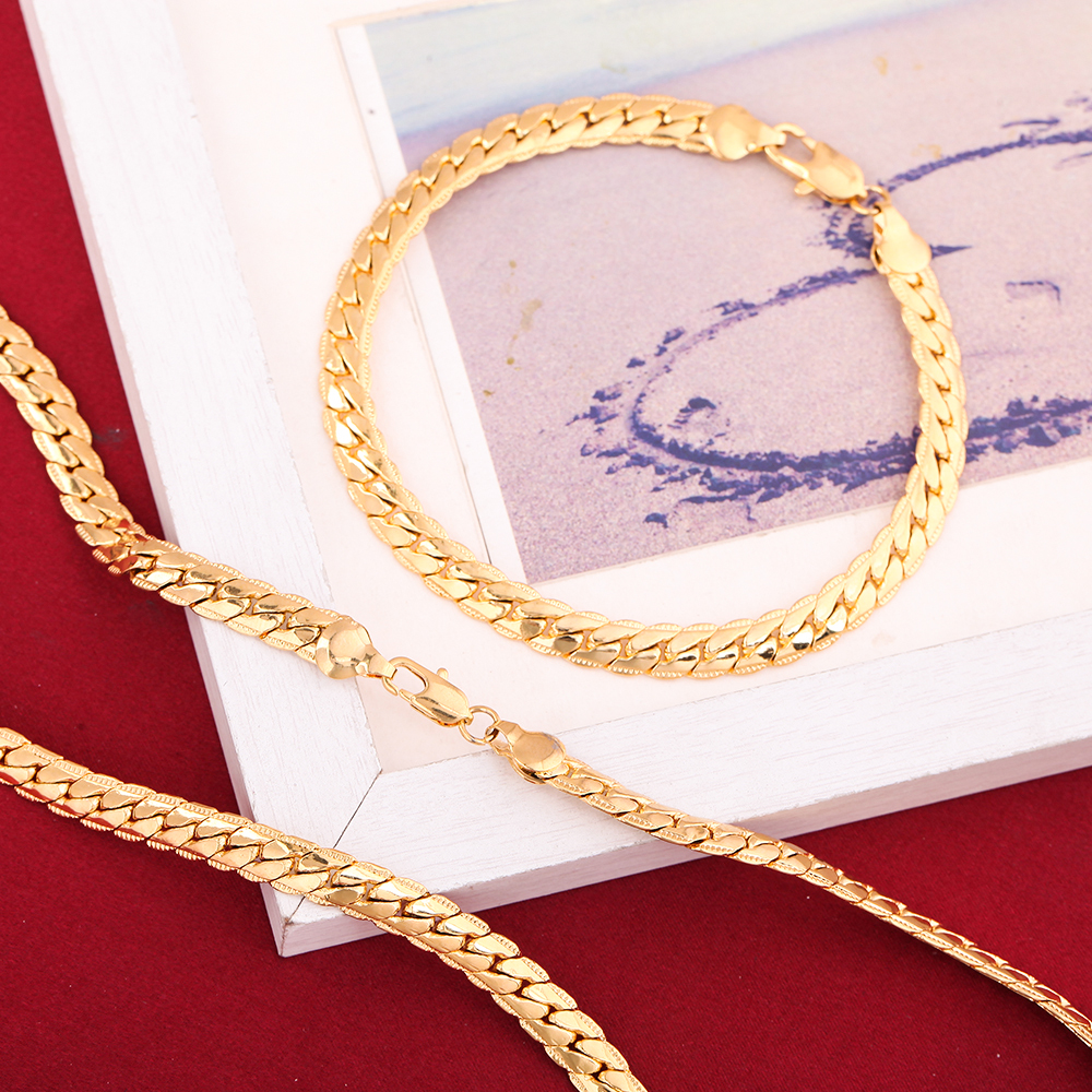 Fijne 925 Stamped Verzilverd 18K Gold 6Mm Chain Armbanden Neckalce Voor Vrouwen Mannen Mode Bruiloft Accessoires Sieraden sets
