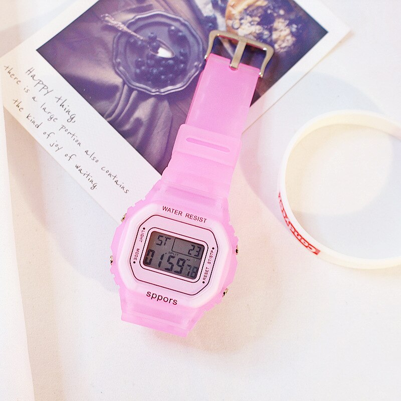 Women watches sport girl simple LED children student leisure silicone waterproof couple square lady quartz wristwatches: Transparent Pink