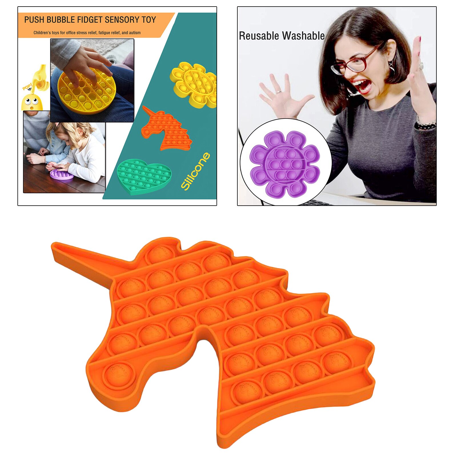 Push Bubble Fidget Sensory Toy Stress Reliever Fidget Toy Game Simple Fidgets Stress Toys Sensory Brain Office Supplie Classroom: Unicorn Orange