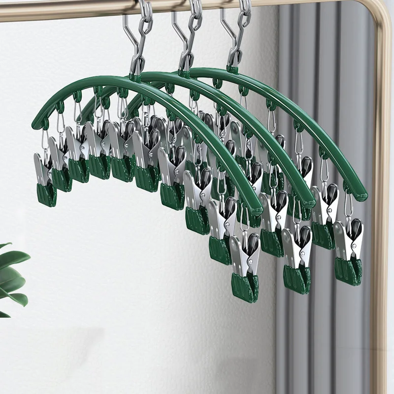 Stojak na skarpety ze stali nierdzewnej, wiatroodporny stojak na skarpety z wieloma klipsami, bezszwowy, wielofunkcyjny wieszak na ubrania robić użytku domowego na balkon: zielony
