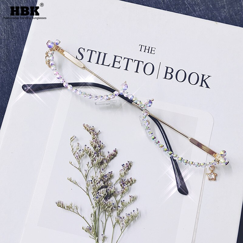 Half Frame Eyeglasses Alloy Frames Women Luxury Rinestone Small Glasses with Chain Crystal Lensless Glasses Spectacle Frame: Diamond Glasses