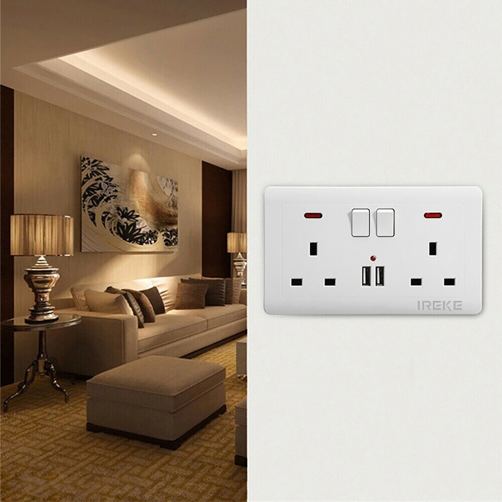 13A Double Wall UK Plug Socket 2 Gang Multifunctional Socket With USB Charger 2 Port Wall Outlets Flat Plate House Decoration
