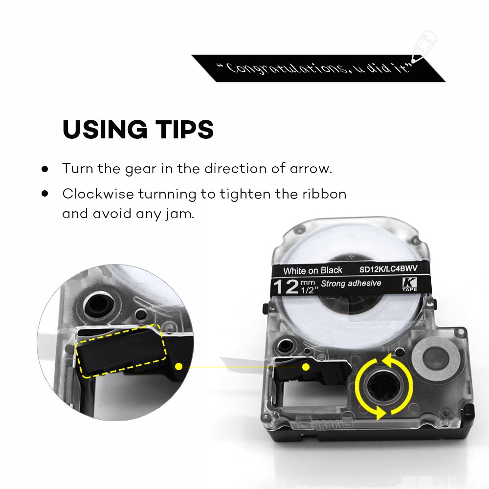 Yance Sterke Lijm 12Mm Wit Op Zwart LC-4BWV9 SD12KW/LC-4BWV Label Maker Tape Compatibel Voor Kingjim Label Printer LW-400