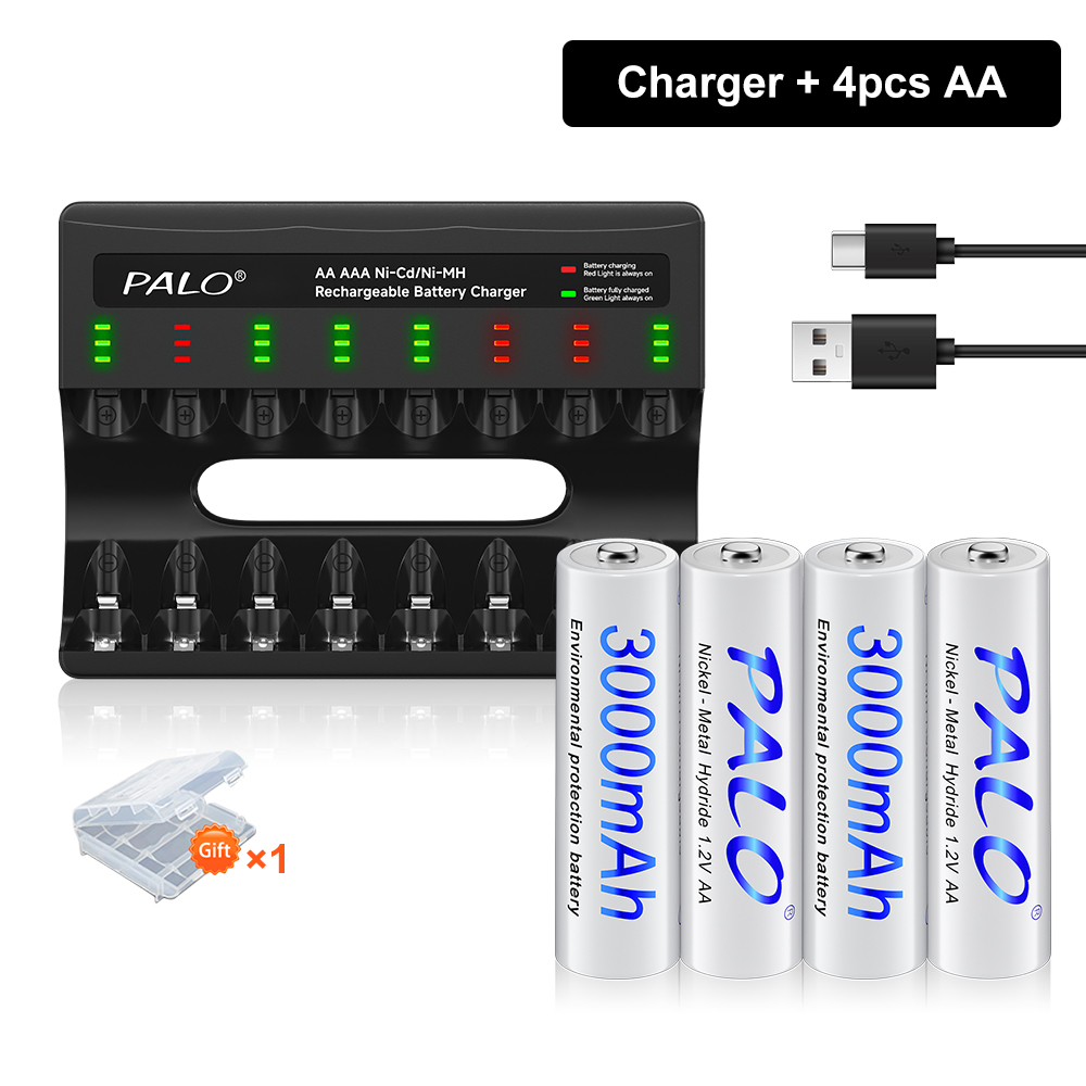 1.2V AA AAA NIMH Baterías Recargables 2A 3A + 8 Ranuras USB-C Cargador de Batería Rápido Con cable para juguetes linterna Ratón Mando a Distancia: Azul oscuro