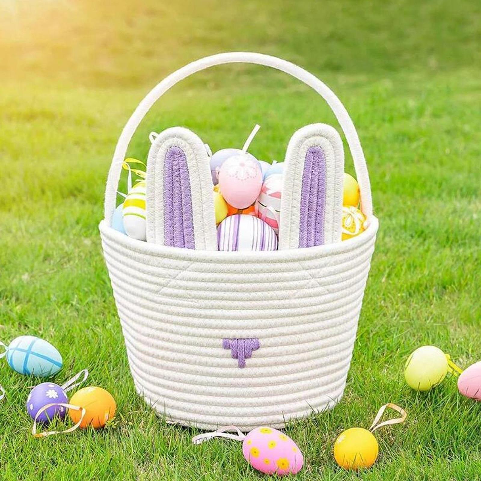 Påskeharekurv for barn, gutter og jenter, påskeegg-jaktkurv, gjenbrukbar bomullssnorkurv med kaninører, babyshower