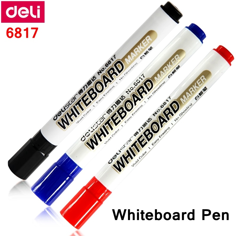 10 Stks/doos Deli 6817 Whiteboard Marker Whiteboard Pen Glad Schrijven Wissen Zwart Blauw Rood Kleuren Retail Verpakking