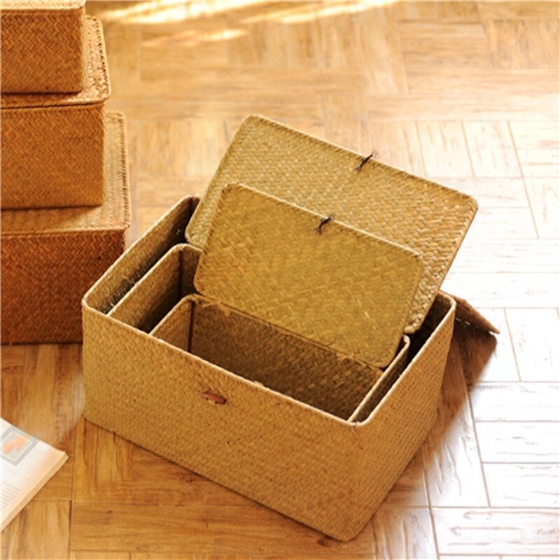Rattan Woven Storage Box With Lid Handmade Jewelry Boxes Makeup Organizer Wooden For Sundries Puer Tea Case Containers