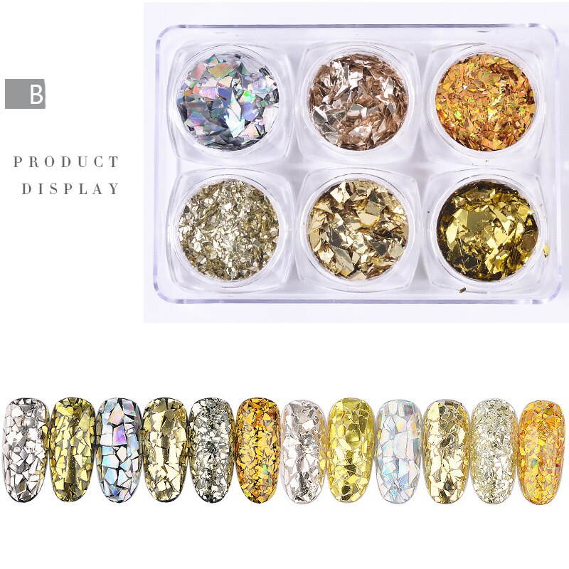 6 Potten/Set Gebroken Glas Papier Pailletten Nail Art Decoratie Vlokken Glitters 3d Nagels Tips Manicure Uv Gel polish Supply: B