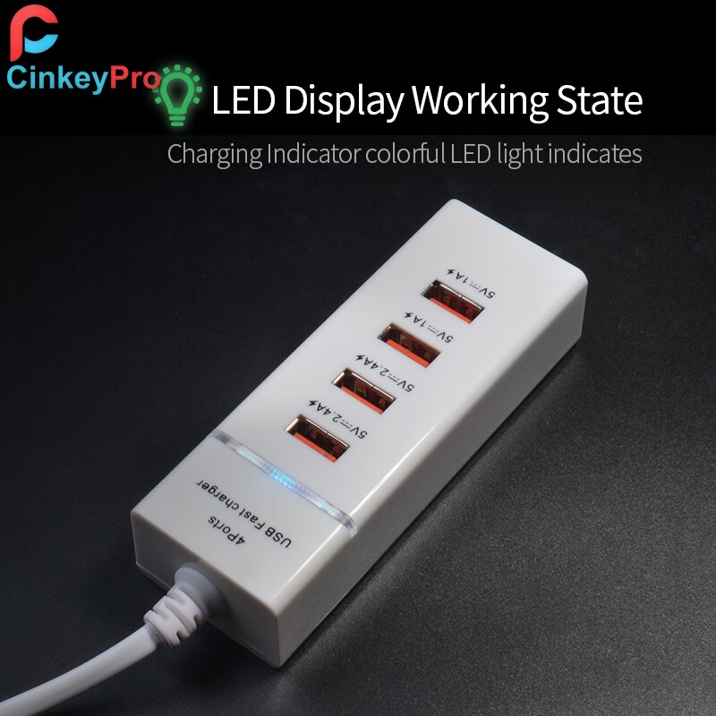 CinkeyPro 4-Ports USB Charger with LED Light Table Adapter Mobile Phone Fast Charging for iPhone iPad Samsung Universal