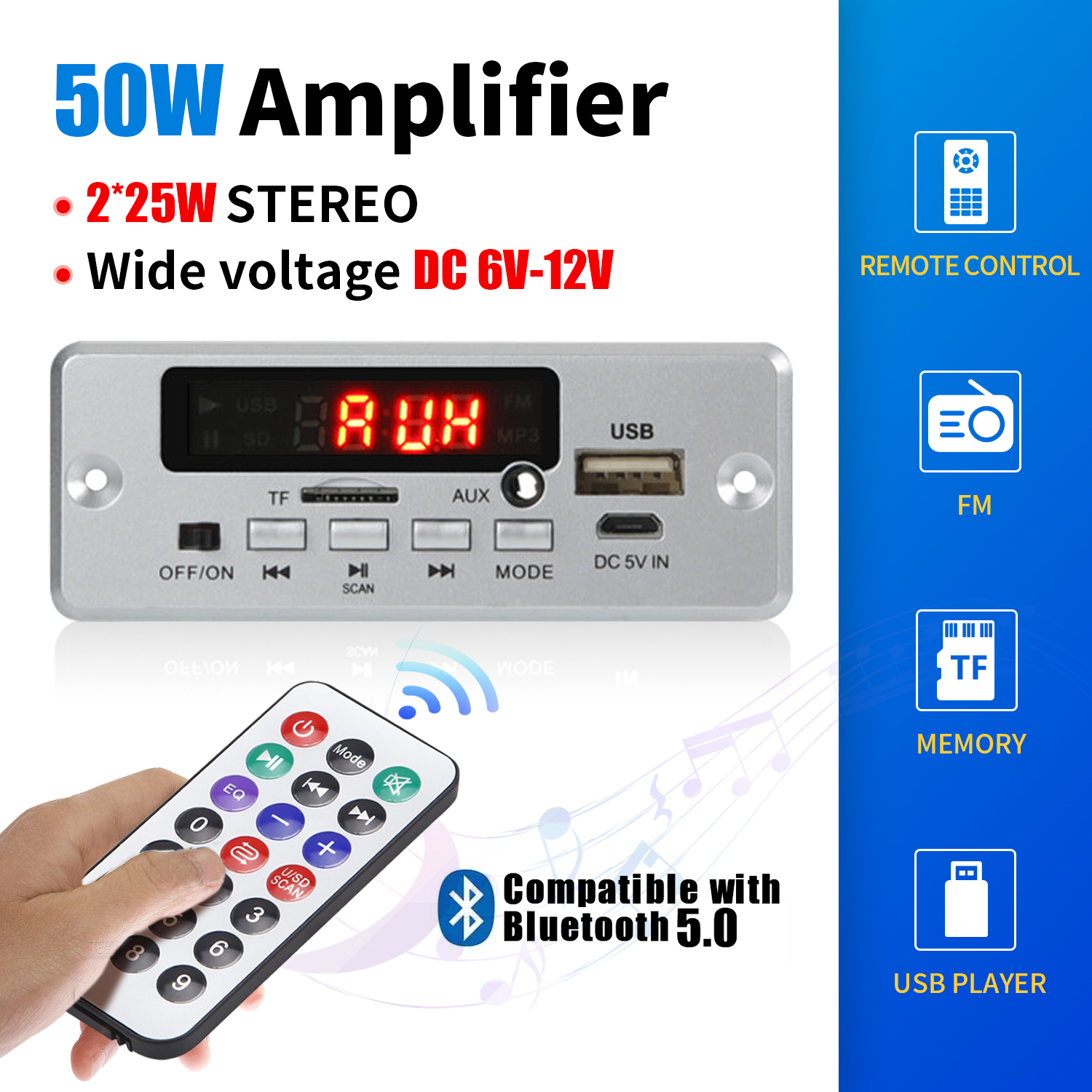 Amplificatore 50W Bluetooth 5.0 scheda di decodifica MP3 12V lettore musicale Wireless modulo Audio USB TF AUX Radio FM per altoparlante vivavoce