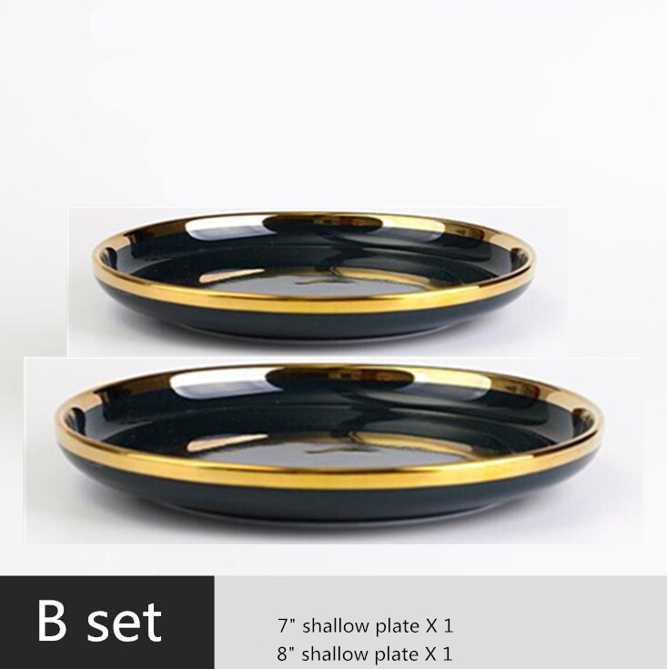 Gilt Rim Dark green Plate Steak Food Plate Nordic Style Tableware Bowl Ins Dinner Dish High End Porcelain Dinnerware Set: B set