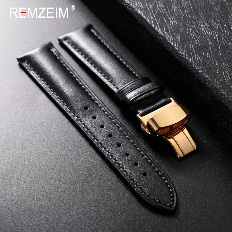 Lederen horlogeband 18 mm 20 mm 22 mm heren- en damesvervangende casual riem met automatische vlindersluiting horlogeband: Black / 22mm