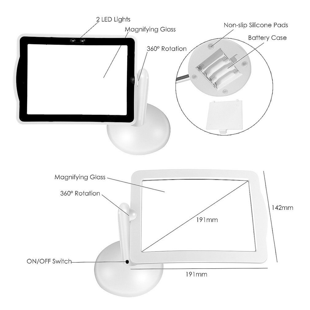 360-gradi di Rotazione Vivavoce 3X Lente di Ingrandimento 2 LED di Ingrandimento Strumento Da Tavolo Scrivania Luce di Notte Lampada Da Lettura Con Non-pad antiscivolo