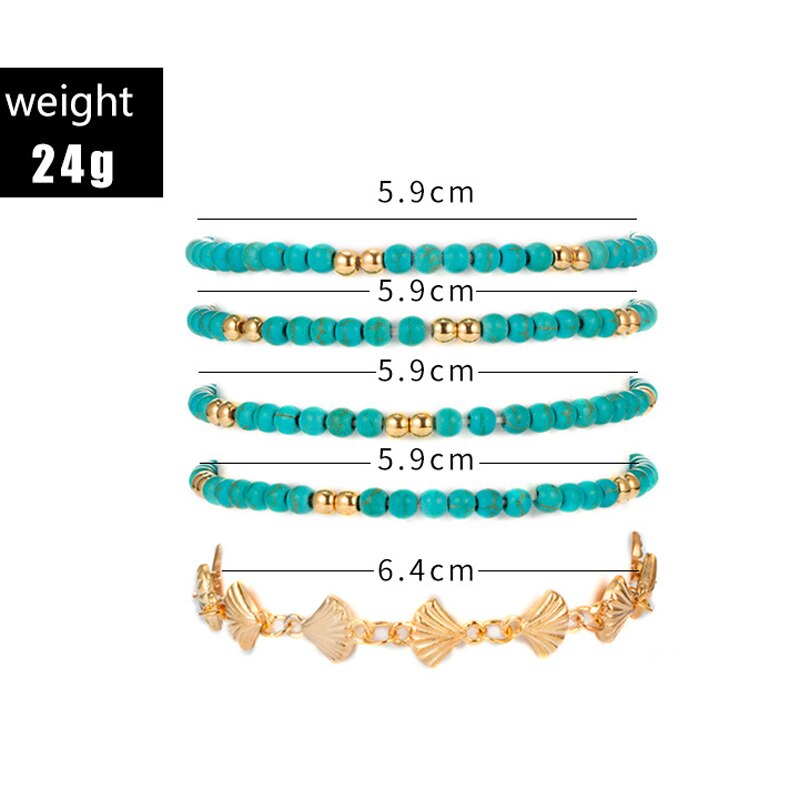 5 Stks/partij Blauw Turkoois Kralen Enkelbandje Armband Op De Been Goud Kleur Shell Multilayer Enkelbanden Voor Vrouwen Strand Voet sieraden
