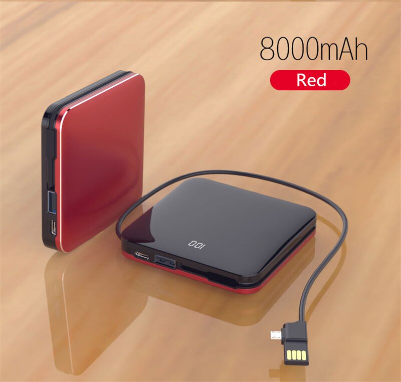 8000mAh Mini Power Bank 2.0A Quick Charge Power bank Dual-USB Portable Mirror Aluminium Fast Charging Mini External Battery: Red D72