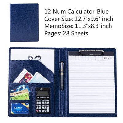 Étui de rangement A4 en cuir PU Business Padfolio, classeur Vintage Business Manager, dossier de bureau avec calculatrice: 12 Num Blue C