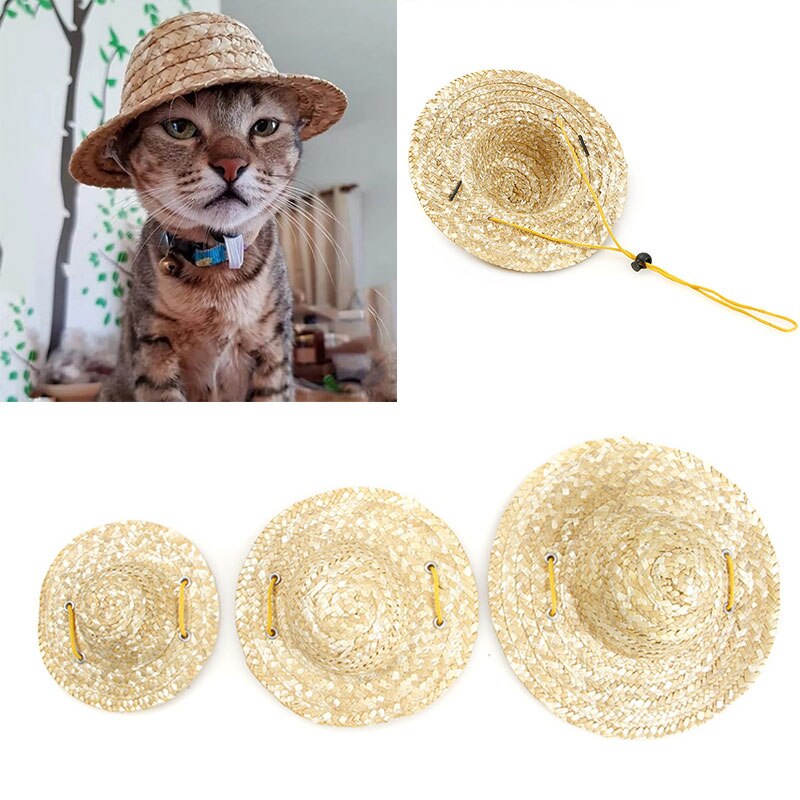 Chapéu de palha para cosplay, moda verão para gato, cachorro, sombrero, feito à mão, de palha, listrado, proteção solar
