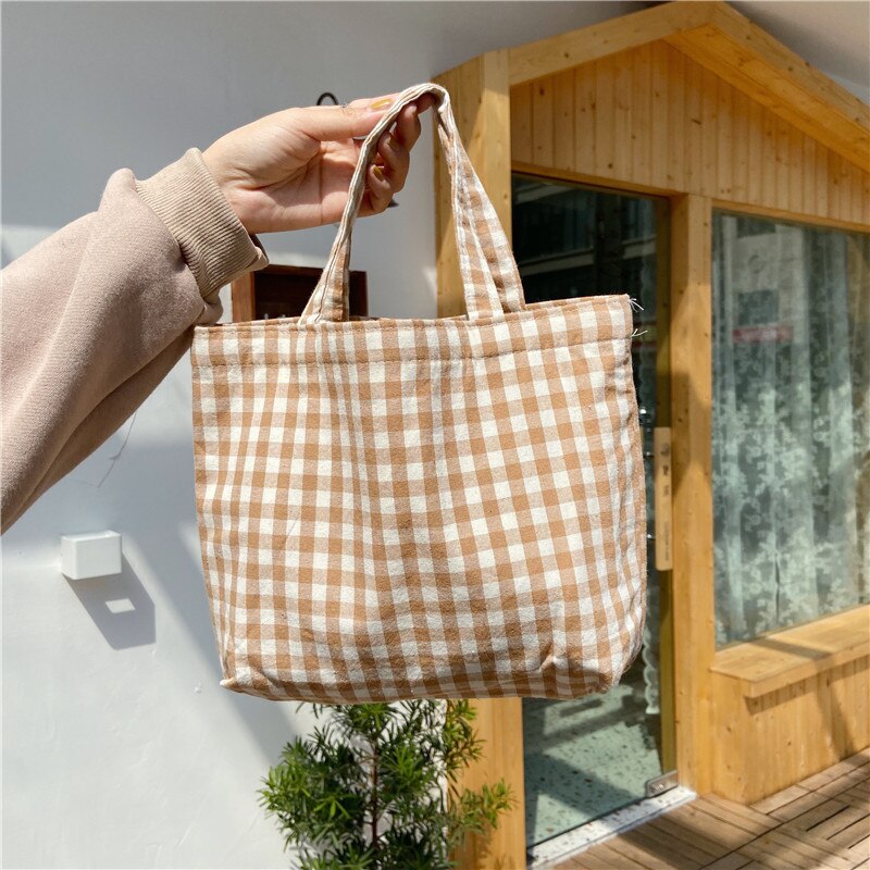 neue Tragbare Mittagessen Tasche Japanischen Plaid Baumwolle Picknick Lebensmittel Tasche Frauen Einfache Kleine Trage Koreanischen Stil freundlicher Mittagessen Taschen freundlicher